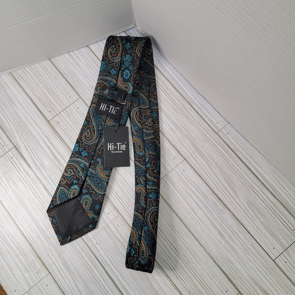 HI-TIE Mens Neck Tie NWT Black Blue Gold Paisleys 100 % Silk Handmade - Picture 6 of 14